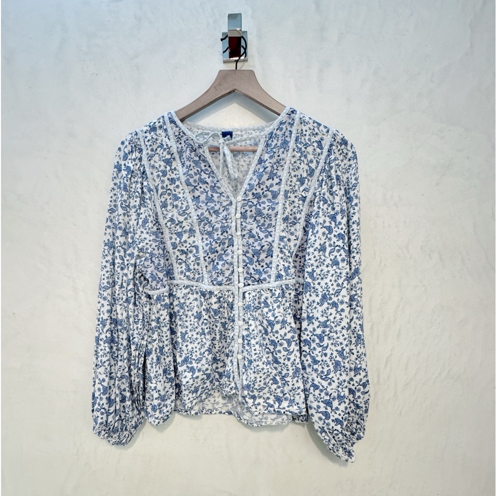 Old Navy White and Light Blue Floral Peasant Blouse